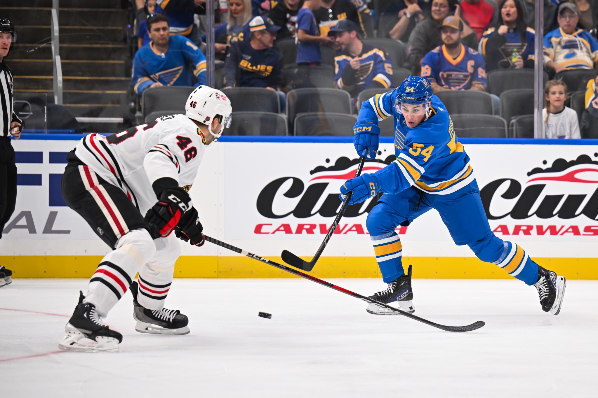 Professional hockey action during a St. Louis Blues game