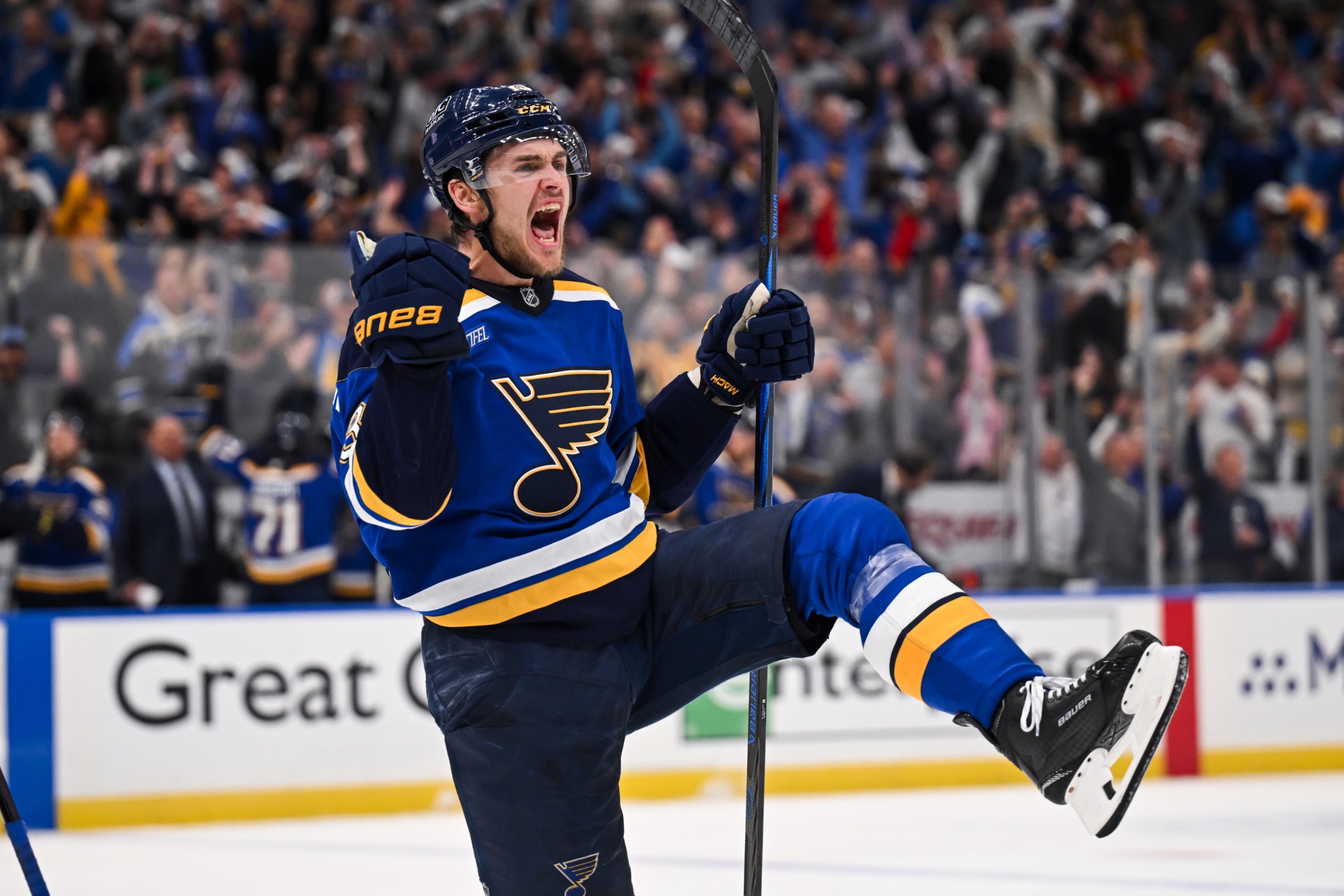 St. Louis Blues players celebrating during a professional hockey game
