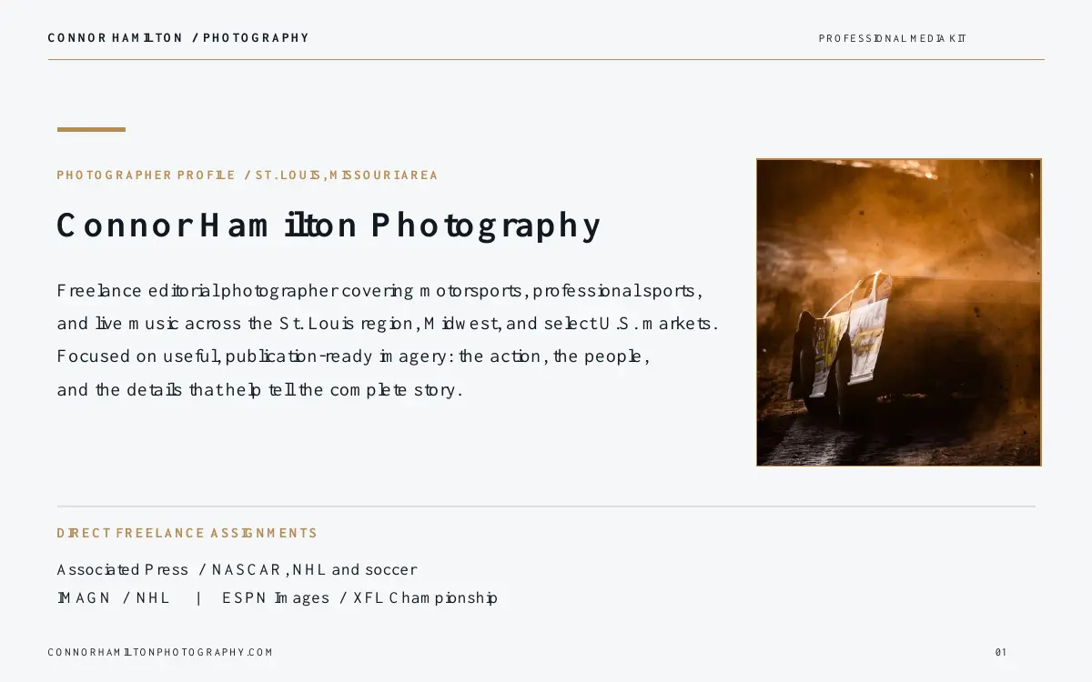 First-page preview of the Connor Hamilton Photography Professional Media Kit