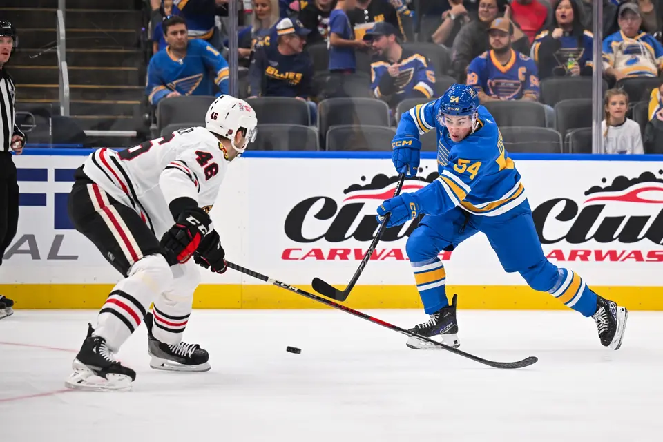 Professional hockey action during a St. Louis Blues game