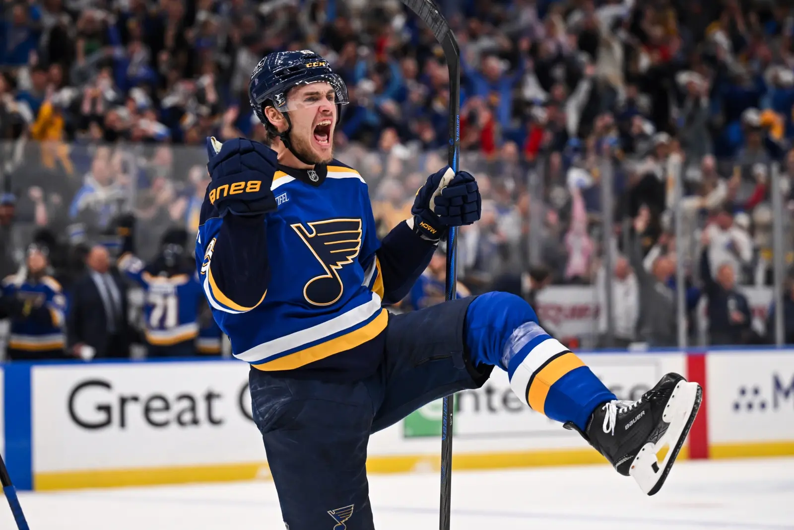 St. Louis Blues player celebrating during a professional hockey game
